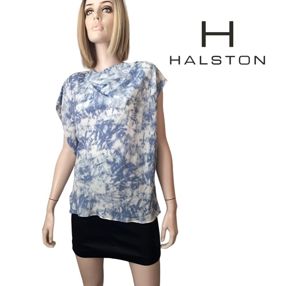 H Halston Blouse Top Asymmetric Draped Flutter Sleeve Tonal Tie Dye Rivier XS-S - Picture 14 of 16